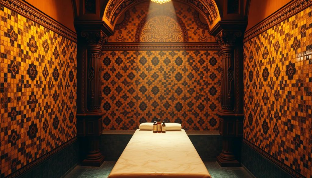 A tranquil Turkish bathhouse interior, dimly lit with warm amber tones. Intricate mosaic tiles adorn the walls, creating a sense of ancient history. Ornate, carved wooden columns support the arched ceiling, casting soft shadows. In the middle, a traditional marble massage table stands, its surface polished to a shine. Nearby, a collection of traditional massage oils and tools are neatly arranged, evoking the centuries-old origins of this holistic practice. The atmosphere is one of relaxation, wellness, and the enduring legacy of Kadıköy's storied massage culture. A tranquil Turkish bathhouse interior, dimly lit with warm amber tones. Intricate mosaic tiles adorn the walls, creating a sense of ancient history. Ornate, carved wooden columns support the arched ceiling, casting soft shadows. In the middle, a traditional marble massage table stands, its surface polished to a shine. Nearby, a collection of traditional massage oils and tools are neatly arranged, evoking the centuries-old origins of this holistic practice. The atmosphere is one of relaxation, wellness, and the enduring legacy of Kadıköy's storied massage culture.