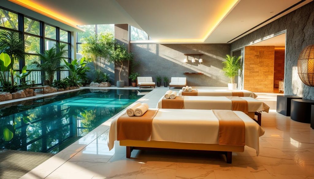A tranquil Turkish spa in Istanbul, featuring a serene indoor pool surrounded by lush greenery and natural stone walls. Soft lighting filters through large windows, casting a warm, soothing glow on the relaxing atmosphere. Plush massage tables await, ready to melt away the stresses of the workday. Elegant marble tiles line the floors, leading to private treatment rooms where skilled masseuses offer rejuvenating techniques. The scent of aromatic oils and the gentle sound of flowing water create a sensory haven, inviting visitors to unwind and recharge their productivity. A tranquil Turkish spa in Istanbul, featuring a serene indoor pool surrounded by lush greenery and natural stone walls. Soft lighting filters through large windows, casting a warm, soothing glow on the relaxing atmosphere. Plush massage tables await, ready to melt away the stresses of the workday. Elegant marble tiles line the floors, leading to private treatment rooms where skilled masseuses offer rejuvenating techniques. The scent of aromatic oils and the gentle sound of flowing water create a sensory haven, inviting visitors to unwind and recharge their productivity.