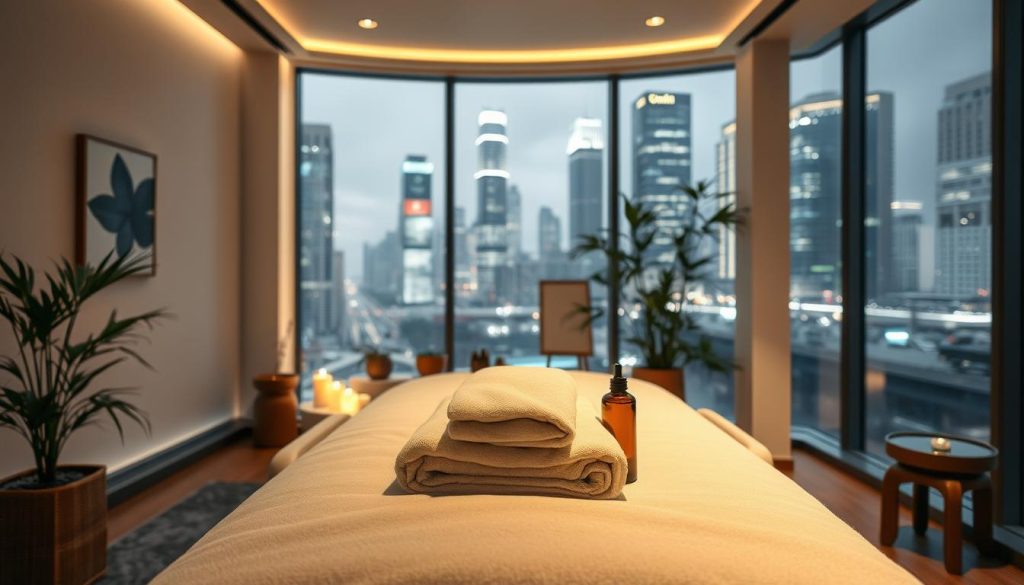 A tranquil and inviting massage room set in a modern urban environment, showcasing soft, ambient lighting that creates a serene atmosphere. In the foreground, a luxurious massage table adorned with plush towels and soothing essential oils, accentuated by soft, natural textures like bamboo and linen. The middle ground features delicate potted plants and calming art pieces that reflect nature, enhancing the sense of relaxation. A subtle water feature can be seen, providing a gentle sound of flowing water. The background reveals large windows with views of a bustling cityscape outside, but the interior remains peaceful and rejuvenating, symbolizing an escape from urban stress. The overall mood is calm and restorative, encouraging a sense of balance between city life and personal well-being. A tranquil and inviting massage room set in a modern urban environment, showcasing soft, ambient lighting that creates a serene atmosphere. In the foreground, a luxurious massage table adorned with plush towels and soothing essential oils, accentuated by soft, natural textures like bamboo and linen. The middle ground features delicate potted plants and calming art pieces that reflect nature, enhancing the sense of relaxation. A subtle water feature can be seen, providing a gentle sound of flowing water. The background reveals large windows with views of a bustling cityscape outside, but the interior remains peaceful and rejuvenating, symbolizing an escape from urban stress. The overall mood is calm and restorative, encouraging a sense of balance between city life and personal well-being.