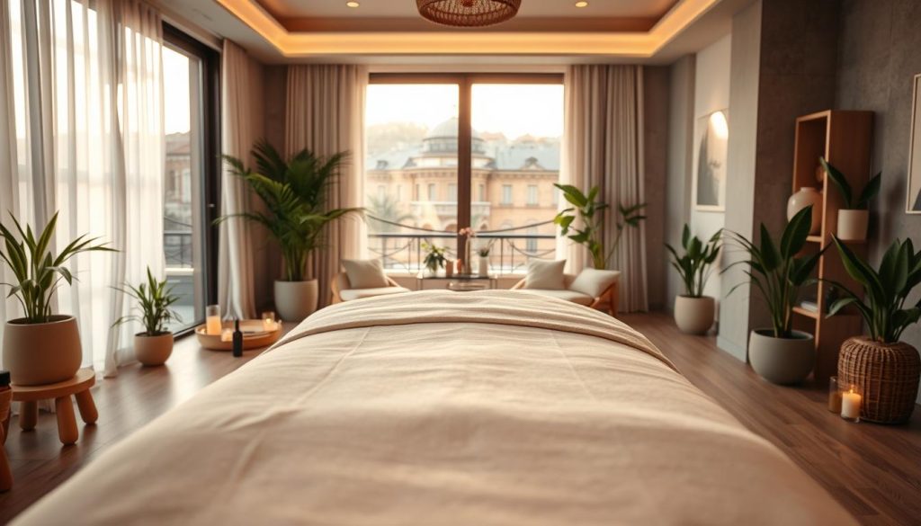 A tranquil and inviting massage therapy room in a modern Istanbul spa. In the foreground, a plush massage table draped with soft, fresh linens, surrounded by essential oils and aromatic candles. The middle ground features a comfortable seating area with natural wooden furniture and a serene atmosphere, complemented by potted green plants. In the background, large windows reveal a view of traditional Istanbul architecture bathed in soft, warm sunlight, creating a peaceful, harmonious ambiance. The scene is illuminated with gentle, diffused lighting that enhances the calming colors and textures, evoking a sense of relaxation and wellness. The overall mood is soothing, inviting readers to explore the benefits of various massage therapies. A tranquil and inviting massage therapy room in a modern Istanbul spa. In the foreground, a plush massage table draped with soft, fresh linens, surrounded by essential oils and aromatic candles. The middle ground features a comfortable seating area with natural wooden furniture and a serene atmosphere, complemented by potted green plants. In the background, large windows reveal a view of traditional Istanbul architecture bathed in soft, warm sunlight, creating a peaceful, harmonious ambiance. The scene is illuminated with gentle, diffused lighting that enhances the calming colors and textures, evoking a sense of relaxation and wellness. The overall mood is soothing, inviting readers to explore the benefits of various massage therapies.