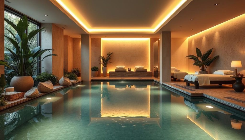 A tranquil and luxurious spa nestled in the heart of Fatih, featuring a serene indoor pool with natural stone accents, surrounded by lush foliage and warm ambient lighting. Plush treatment rooms offer a range of relaxing massage services, with soothing scents and soft fabrics creating a cocooning atmosphere. Clients can indulge in a rejuvenating experience, unwinding from the stresses and fatigue of daily life. The spa's elegant design and attention to detail evoke a sense of urban oasis, providing a sanctuary of calm and restoration. A tranquil and luxurious spa nestled in the heart of Fatih, featuring a serene indoor pool with natural stone accents, surrounded by lush foliage and warm ambient lighting. Plush treatment rooms offer a range of relaxing massage services, with soothing scents and soft fabrics creating a cocooning atmosphere. Clients can indulge in a rejuvenating experience, unwinding from the stresses and fatigue of daily life. The spa's elegant design and attention to detail evoke a sense of urban oasis, providing a sanctuary of calm and restoration.