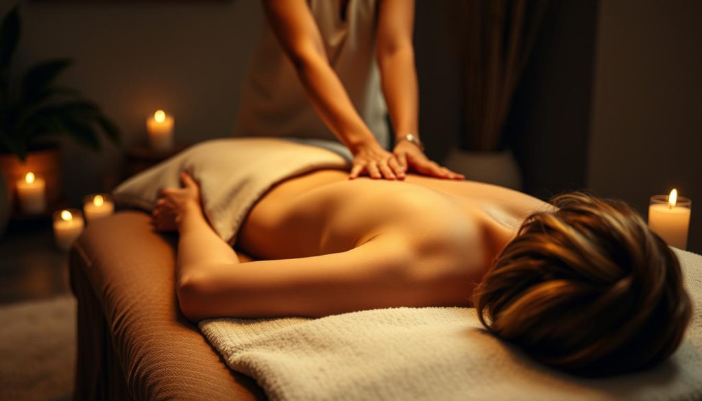 A tranquil and serene massage therapy session in a dimly lit room, with soft lighting illuminating the scene. The masseuse's hands gently kneading and manipulating the client's muscles, promoting deep relaxation. Plush, earthy-toned linens and pillows create a cozy, inviting ambiance. Aromatherapy candles flicker, diffusing calming scents throughout the space. The client's face is not visible, but their body language conveys a sense of profound peace and rejuvenation. The camera angle captures the massage from a slightly elevated perspective, emphasizing the therapeutic nature of the experience. A tranquil and serene massage therapy session in a dimly lit room, with soft lighting illuminating the scene. The masseuse's hands gently kneading and manipulating the client's muscles, promoting deep relaxation. Plush, earthy-toned linens and pillows create a cozy, inviting ambiance. Aromatherapy candles flicker, diffusing calming scents throughout the space. The client's face is not visible, but their body language conveys a sense of profound peace and rejuvenation. The camera angle captures the massage from a slightly elevated perspective, emphasizing the therapeutic nature of the experience.