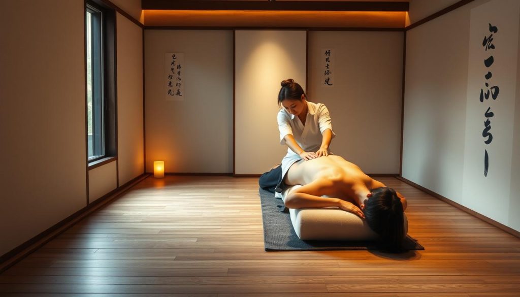 A tranquil and serene traditional Japanese massage clinic, with a wooden floor and minimalist decor. In the center, a masseuse gently applies pressure to specific points on a client's back, harnessing the principles of shiatsu to harmonize the body's energy flow. Soft, diffused lighting casts a warm, calming glow, while the background features subtle, abstract ink brush strokes reminiscent of ancient Eastern art. The atmosphere is one of deep relaxation and holistic wellness, inviting the viewer to experience the restorative power of this centuries-old healing practice. A tranquil and serene traditional Japanese massage clinic, with a wooden floor and minimalist decor. In the center, a masseuse gently applies pressure to specific points on a client's back, harnessing the principles of shiatsu to harmonize the body's energy flow. Soft, diffused lighting casts a warm, calming glow, while the background features subtle, abstract ink brush strokes reminiscent of ancient Eastern art. The atmosphere is one of deep relaxation and holistic wellness, inviting the viewer to experience the restorative power of this centuries-old healing practice.