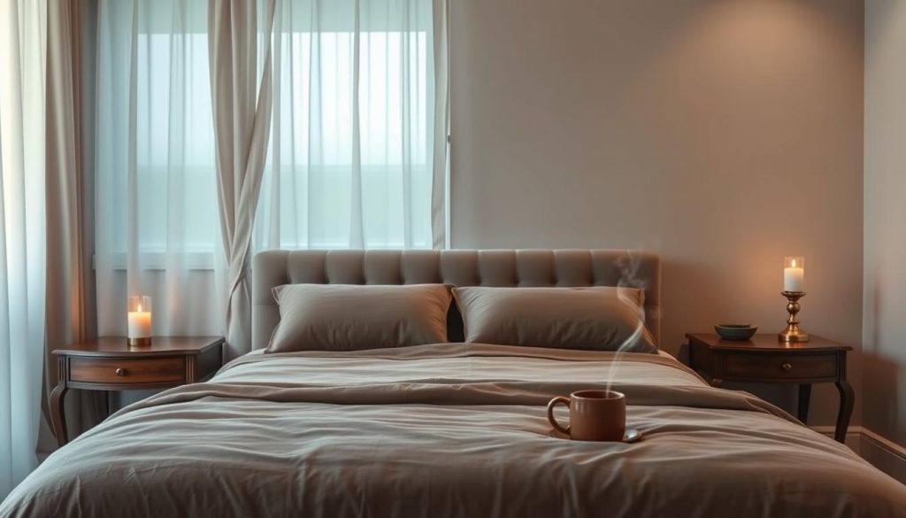 A tranquil bedroom at dusk, with soft, warm lighting filtering through gauzy curtains. A plush, inviting bed takes center stage, its linens in muted, earthy tones. Elegant nightstands flank the bed, each bearing a single, glowing candle. The walls are painted in a soothing, muted palette, creating a sense of peaceful calm. Wispy wisps of steam rise from a ceramic mug on one of the nightstands, suggesting a comforting hot beverage. The overall atmosphere is one of serenity and relaxation, inviting the viewer to sink into the comfort of the scene and experience the restorative power of sleep. A tranquil bedroom at dusk, with soft, warm lighting filtering through gauzy curtains. A plush, inviting bed takes center stage, its linens in muted, earthy tones. Elegant nightstands flank the bed, each bearing a single, glowing candle. The walls are painted in a soothing, muted palette, creating a sense of peaceful calm. Wispy wisps of steam rise from a ceramic mug on one of the nightstands, suggesting a comforting hot beverage. The overall atmosphere is one of serenity and relaxation, inviting the viewer to sink into the comfort of the scene and experience the restorative power of sleep.