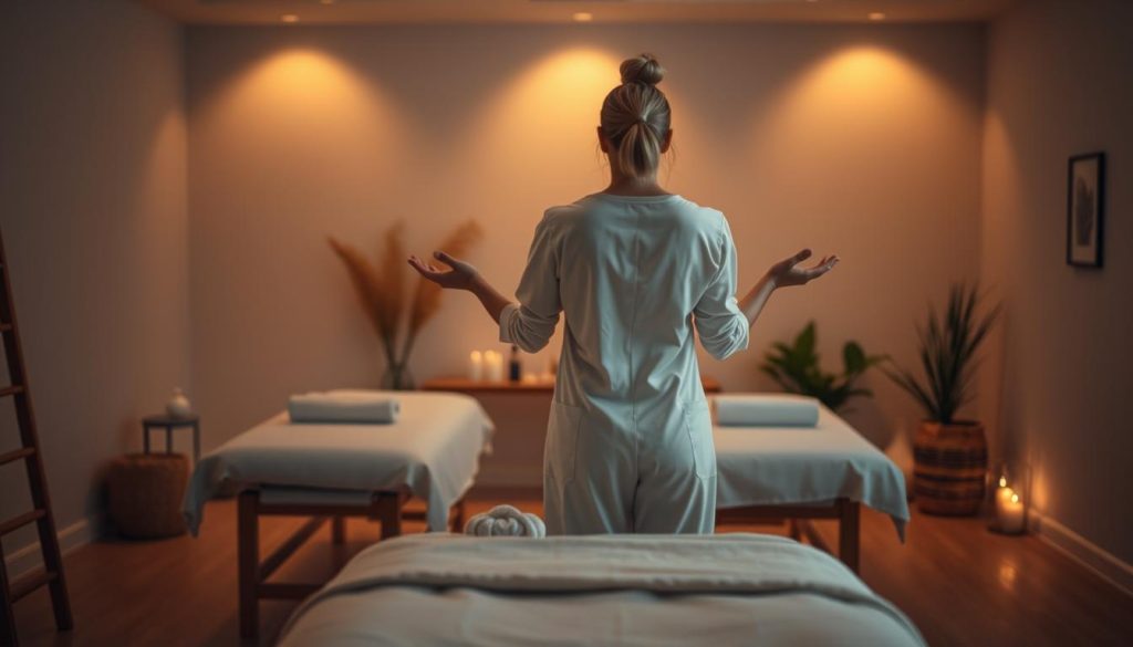 A tranquil, dimly lit studio space with soft, warm lighting casting a cozy glow. In the foreground, a professional massage therapist stands poised, their hands outstretched, ready to provide a personalized, soothing massage experience. The therapist's attire exudes an air of expertise and care, complementing the serene atmosphere. The middle ground features luxurious massage tables, plush linens, and essential oils, inviting the viewer to imagine the relaxation and rejuvenation awaiting. In the background, subtle, natural elements such as potted plants or a soft, neutral-toned wall create a sense of harmony and privacy, ensuring the utmost comfort and trust for the client. A tranquil, dimly lit studio space with soft, warm lighting casting a cozy glow. In the foreground, a professional massage therapist stands poised, their hands outstretched, ready to provide a personalized, soothing massage experience. The therapist's attire exudes an air of expertise and care, complementing the serene atmosphere. The middle ground features luxurious massage tables, plush linens, and essential oils, inviting the viewer to imagine the relaxation and rejuvenation awaiting. In the background, subtle, natural elements such as potted plants or a soft, neutral-toned wall create a sense of harmony and privacy, ensuring the utmost comfort and trust for the client.