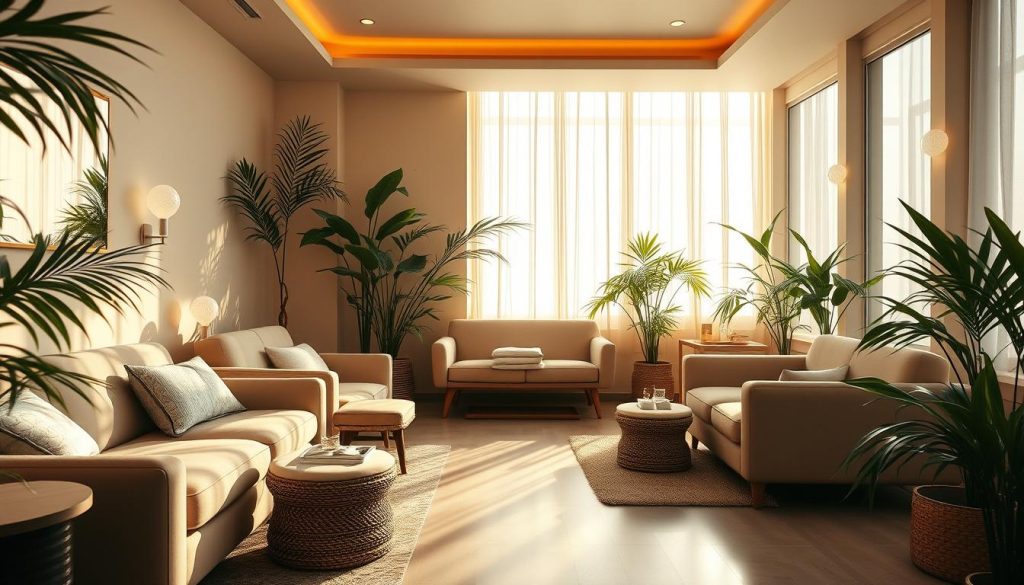 A tranquil interior of an elegant boutique massage parlor in Istanbul, showcasing plush sofas, soft lighting, and serene decor. The room is bathed in warm, gentle hues, creating an atmosphere of relaxation and rejuvenation. Sunlight filters through large windows, casting a soothing glow over the space. Lush greenery and natural elements, such as bamboo accents, further enhance the calming ambiance. The scene exudes a sense of luxury and exclusivity, reflecting the high-end nature of the establishment. The camera angle captures the inviting and sophisticated essence of this premier massage destination in the heart of Istanbul. A tranquil interior of an elegant boutique massage parlor in Istanbul, showcasing plush sofas, soft lighting, and serene decor. The room is bathed in warm, gentle hues, creating an atmosphere of relaxation and rejuvenation. Sunlight filters through large windows, casting a soothing glow over the space. Lush greenery and natural elements, such as bamboo accents, further enhance the calming ambiance. The scene exudes a sense of luxury and exclusivity, reflecting the high-end nature of the establishment. The camera angle captures the inviting and sophisticated essence of this premier massage destination in the heart of Istanbul.