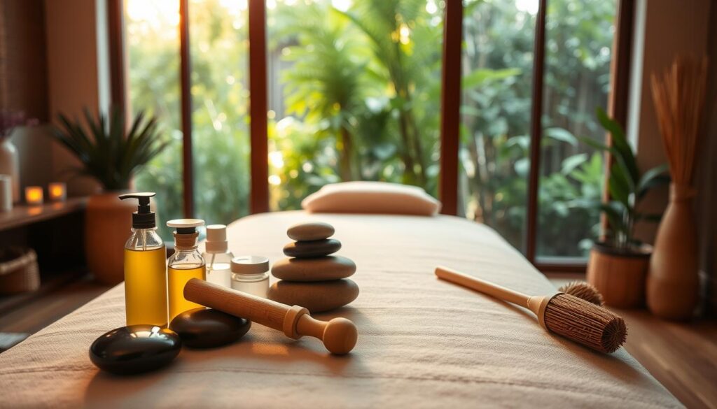 A tranquil massage studio, softly lit with warm tones. On a wooden massage table, an array of essential oils, lotions, and tools - river stones, wooden mallets, and bamboo brushes. In the background, a lush, verdant garden visible through large windows, creating a serene, nature-inspired ambiance. The camera angle captures the scene from a slightly elevated perspective, showcasing the carefully curated setup and the inviting atmosphere. Gentle shadows and highlights accentuate the textures and shapes, conveying a sense of relaxation and wellbeing. A tranquil massage studio, softly lit with warm tones. On a wooden massage table, an array of essential oils, lotions, and tools - river stones, wooden mallets, and bamboo brushes. In the background, a lush, verdant garden visible through large windows, creating a serene, nature-inspired ambiance. The camera angle captures the scene from a slightly elevated perspective, showcasing the carefully curated setup and the inviting atmosphere. Gentle shadows and highlights accentuate the textures and shapes, conveying a sense of relaxation and wellbeing.