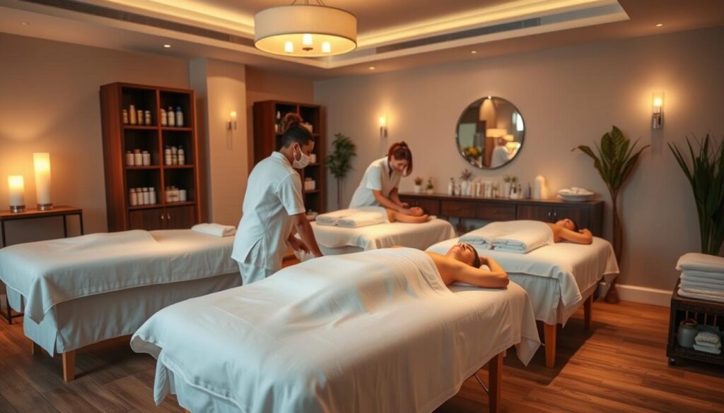 A tranquil massage studio with soft lighting, plush massage tables, and an array of massage oils and lotions. Skilled massage therapists in clean, professional attire gently kneading and manipulating muscles, promoting relaxation and healing. The room has a serene, calming atmosphere, with soothing ambient music playing in the background. The focus is on the quality of the massage experience, with attention to detail and a commitment to client comfort and well-being. A tranquil massage studio with soft lighting, plush massage tables, and an array of massage oils and lotions. Skilled massage therapists in clean, professional attire gently kneading and manipulating muscles, promoting relaxation and healing. The room has a serene, calming atmosphere, with soothing ambient music playing in the background. The focus is on the quality of the massage experience, with attention to detail and a commitment to client comfort and well-being.