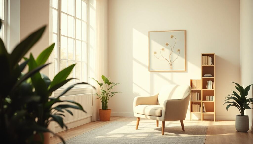 A tranquil, minimalist scene featuring a serene, pastel-hued therapy room. Soft natural light filters through large windows, casting a warm glow on the space. A plush, inviting armchair sits in the foreground, framed by lush, verdant plants. In the background, a bookshelf and a calming piece of abstract art adorn the walls, conveying a sense of contemplation and psychological well-being. The overall mood is one of calm, introspection, and the therapeutic benefits of self-care. A tranquil, minimalist scene featuring a serene, pastel-hued therapy room. Soft natural light filters through large windows, casting a warm glow on the space. A plush, inviting armchair sits in the foreground, framed by lush, verdant plants. In the background, a bookshelf and a calming piece of abstract art adorn the walls, conveying a sense of contemplation and psychological well-being. The overall mood is one of calm, introspection, and the therapeutic benefits of self-care.