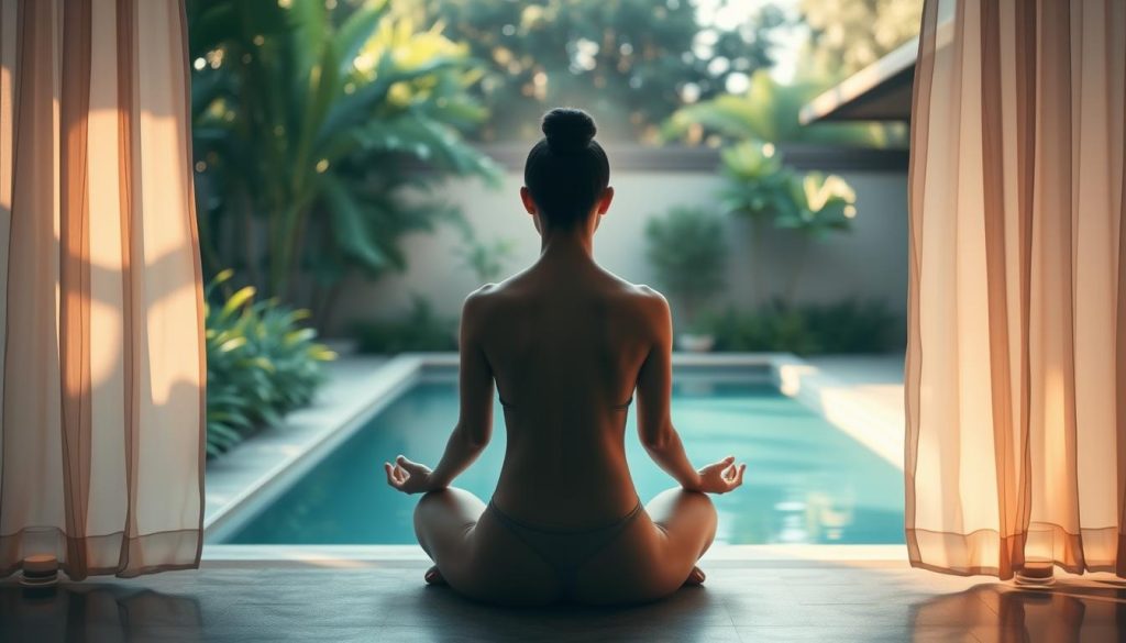 A tranquil oasis of serenity, a harmonious balance between the physical and the spiritual. A serene garden sanctuary, with lush greenery and a calming pool, bathed in warm, diffused sunlight that filters through delicate, billowing curtains. In the center, a figure in a meditative pose, their mind at peace, radiating a sense of inner calm and wholeness. Soft, muted tones create an atmosphere of introspection and rejuvenation, inviting the viewer to pause, breathe, and find their own equilibrium amidst the demands of the modern world. A tranquil oasis of serenity, a harmonious balance between the physical and the spiritual. A serene garden sanctuary, with lush greenery and a calming pool, bathed in warm, diffused sunlight that filters through delicate, billowing curtains. In the center, a figure in a meditative pose, their mind at peace, radiating a sense of inner calm and wholeness. Soft, muted tones create an atmosphere of introspection and rejuvenation, inviting the viewer to pause, breathe, and find their own equilibrium amidst the demands of the modern world.
