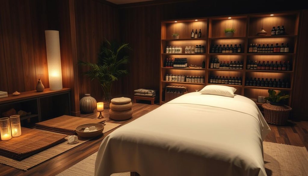 A tranquil sanctuary of alternative medicine and holistic healing. A dimly lit room with natural wooden accents, soft ambient lighting, and the soothing aroma of essential oils. In the foreground, a massage table draped in crisp white linens, ready to receive a client seeking the restorative power of touch. Surrounding it, an array of alternative therapy tools - bamboo mats, healing crystals, and acupuncture needles - arranged with care. In the background, shelves displaying a curated selection of herbal remedies and wellness supplements, reflecting the intersection of ancient wisdom and modern holistic practices. The overall scene evokes a sense of tranquility, balance, and the promise of a transformative therapeutic experience. A tranquil sanctuary of alternative medicine and holistic healing. A dimly lit room with natural wooden accents, soft ambient lighting, and the soothing aroma of essential oils. In the foreground, a massage table draped in crisp white linens, ready to receive a client seeking the restorative power of touch. Surrounding it, an array of alternative therapy tools - bamboo mats, healing crystals, and acupuncture needles - arranged with care. In the background, shelves displaying a curated selection of herbal remedies and wellness supplements, reflecting the intersection of ancient wisdom and modern holistic practices. The overall scene evokes a sense of tranquility, balance, and the promise of a transformative therapeutic experience.