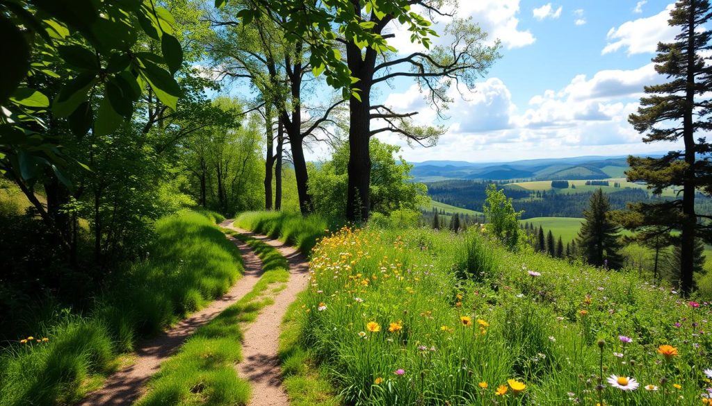 A tranquil scene depicting a serene forest trail, with lush greenery and vibrant wildflowers lining the path. In the foreground, soft sunlight filters through the leaves, casting gentle shadows on the ground. The middle layer features a winding path that invites exploration, where the colors of nature blend harmoniously, showcasing shades of green, yellow, and hints of purple. In the background, towering trees create a canopy, while a distant view reveals rolling hills under a bright blue sky dotted with fluffy clouds. The atmosphere is calm and rejuvenating, evoking a sense of peace and mental clarity, reminiscent of the healing powers of nature and aromatherapy. The image should capture the essence of renewal and tranquility without any human presence. A tranquil scene depicting a serene forest trail, with lush greenery and vibrant wildflowers lining the path. In the foreground, soft sunlight filters through the leaves, casting gentle shadows on the ground. The middle layer features a winding path that invites exploration, where the colors of nature blend harmoniously, showcasing shades of green, yellow, and hints of purple. In the background, towering trees create a canopy, while a distant view reveals rolling hills under a bright blue sky dotted with fluffy clouds. The atmosphere is calm and rejuvenating, evoking a sense of peace and mental clarity, reminiscent of the healing powers of nature and aromatherapy. The image should capture the essence of renewal and tranquility without any human presence.