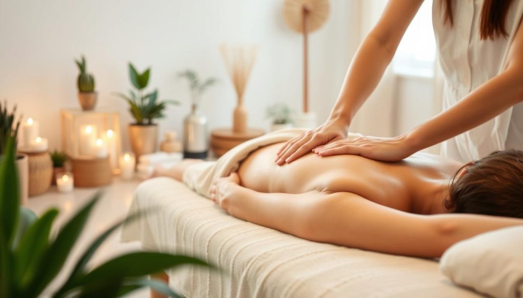 A tranquil scene of a Swedish massage session in a cozy studio with soft lighting. In the foreground, a masseuse's hands gently knead the muscles of a relaxed client resting on a plush massage table. The middle ground features soothing ambient elements such as potted plants, candles, and natural wood accents. The background portrays a calming, minimalist space with neutral-toned walls and a hint of a window, conveying a sense of peace and serenity. The overall atmosphere evokes a rejuvenating and restorative experience, perfect for those new to the Swedish massage technique. A tranquil scene of a Swedish massage session in a cozy studio with soft lighting. In the foreground, a masseuse's hands gently knead the muscles of a relaxed client resting on a plush massage table. The middle ground features soothing ambient elements such as potted plants, candles, and natural wood accents. The background portrays a calming, minimalist space with neutral-toned walls and a hint of a window, conveying a sense of peace and serenity. The overall atmosphere evokes a rejuvenating and restorative experience, perfect for those new to the Swedish massage technique.