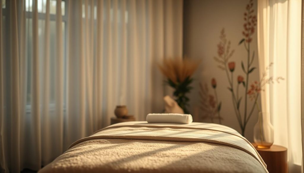 A tranquil scene of a massage therapy session, set in a serene, dimly lit room. Soft, natural lighting filters through sheer curtains, casting a warm, soothing glow. In the foreground, a massage table with plush, neutral-toned linens invites the viewer to relax. Calming essential oils diffuse in the air, creating a sense of therapeutic calm. In the background, abstract botanical motifs adorn the walls, further enhancing the restorative atmosphere. The overall mood is one of introspection, healing, and the harmonious integration of physical and mental well-being. A tranquil scene of a massage therapy session, set in a serene, dimly lit room. Soft, natural lighting filters through sheer curtains, casting a warm, soothing glow. In the foreground, a massage table with plush, neutral-toned linens invites the viewer to relax. Calming essential oils diffuse in the air, creating a sense of therapeutic calm. In the background, abstract botanical motifs adorn the walls, further enhancing the restorative atmosphere. The overall mood is one of introspection, healing, and the harmonious integration of physical and mental well-being.