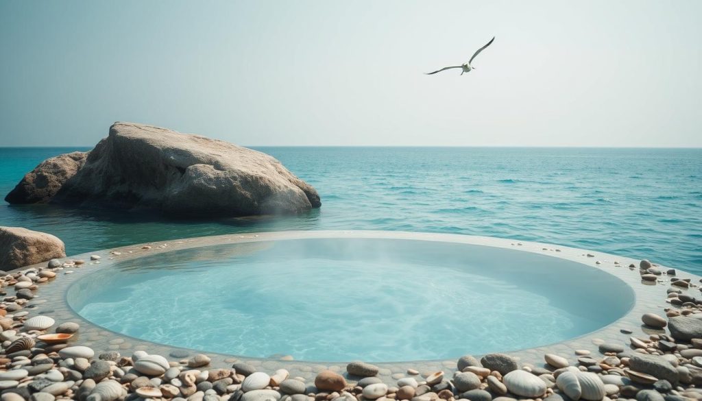 A tranquil seaside scene with a serene, minimalist spa-like setting. A large, flat rock formation protrudes from the turquoise waters, its surface adorned with scattered seashells and smooth pebbles. Soft, diffused lighting creates a soothing atmosphere, casting gentle shadows that accentuate the natural textures. In the center, a shallow pool of crystal-clear seawater reflects the sky's hazy, azure hue. Wisps of steam gently rise from the surface, evoking a sense of therapeutic relaxation. The background fades into a hazy horizon, with only the occasional seabird soaring across the serene landscape. A tranquil seaside scene with a serene, minimalist spa-like setting. A large, flat rock formation protrudes from the turquoise waters, its surface adorned with scattered seashells and smooth pebbles. Soft, diffused lighting creates a soothing atmosphere, casting gentle shadows that accentuate the natural textures. In the center, a shallow pool of crystal-clear seawater reflects the sky's hazy, azure hue. Wisps of steam gently rise from the surface, evoking a sense of therapeutic relaxation. The background fades into a hazy horizon, with only the occasional seabird soaring across the serene landscape.