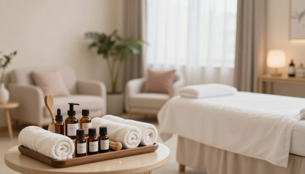 A tranquil spa environment emphasizing the criteria for selecting a massage therapist. In the foreground, a neatly arranged display of professional tools: essential oils, towels, and a massage bed with crisp linens. The middle ground features a serene waiting area with comfortable seating, soft lighting, and potted plants for a calming effect. The background captures a window with sheer curtains allowing natural light to filter in, creating a warm atmosphere. The color palette is soft and inviting, with soothing pastels. The overall mood is relaxing and professional, conveying an atmosphere of trust and care essential for therapy selection. A tranquil spa environment emphasizing the criteria for selecting a massage therapist. In the foreground, a neatly arranged display of professional tools: essential oils, towels, and a massage bed with crisp linens. The middle ground features a serene waiting area with comfortable seating, soft lighting, and potted plants for a calming effect. The background captures a window with sheer curtains allowing natural light to filter in, creating a warm atmosphere. The color palette is soft and inviting, with soothing pastels. The overall mood is relaxing and professional, conveying an atmosphere of trust and care essential for therapy selection.