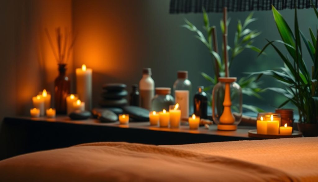 A tranquil spa-like setting with a serene, dimly lit atmosphere. In the foreground, a plush massage table with soft, luxurious linens, inviting the viewer to relax. Warm, flickering candlelight casts a golden glow, creating a calming, therapeutic ambiance. In the middle ground, various massage oil bottles and aromatherapy diffusers, hinting at the holistic, restorative nature of the massage experience. The background features soothing, natural elements like river stones, bamboo, and lush greenery, evoking a sense of harmony and balance. The overall scene exudes a sense of peacefulness and rejuvenation, perfectly capturing the importance and benefits of massage education. A tranquil spa-like setting with a serene, dimly lit atmosphere. In the foreground, a plush massage table with soft, luxurious linens, inviting the viewer to relax. Warm, flickering candlelight casts a golden glow, creating a calming, therapeutic ambiance. In the middle ground, various massage oil bottles and aromatherapy diffusers, hinting at the holistic, restorative nature of the massage experience. The background features soothing, natural elements like river stones, bamboo, and lush greenery, evoking a sense of harmony and balance. The overall scene exudes a sense of peacefulness and rejuvenation, perfectly capturing the importance and benefits of massage education.