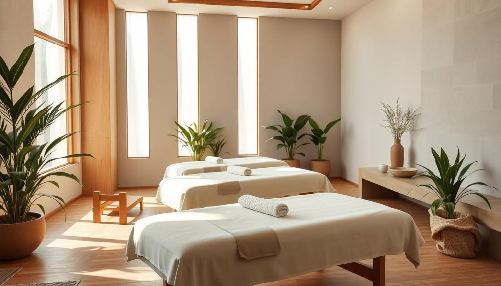 A tranquil spa-like setting, with natural lighting filtering through large windows. Soft, plush massage tables are arranged in a serene, inviting layout. Lush, verdant potted plants adorn the space, creating a calming, rejuvenating atmosphere. Warm, muted tones of wood and stone predominate, exuding a sense of balance and relaxation. Diffused lighting casts a gentle, soothing glow, accentuating the clean, minimalist design. The scene evokes a holistic, restorative experience, capturing the essence of the benefits of massage and the importance of self-care. A tranquil spa-like setting, with natural lighting filtering through large windows. Soft, plush massage tables are arranged in a serene, inviting layout. Lush, verdant potted plants adorn the space, creating a calming, rejuvenating atmosphere. Warm, muted tones of wood and stone predominate, exuding a sense of balance and relaxation. Diffused lighting casts a gentle, soothing glow, accentuating the clean, minimalist design. The scene evokes a holistic, restorative experience, capturing the essence of the benefits of massage and the importance of self-care.