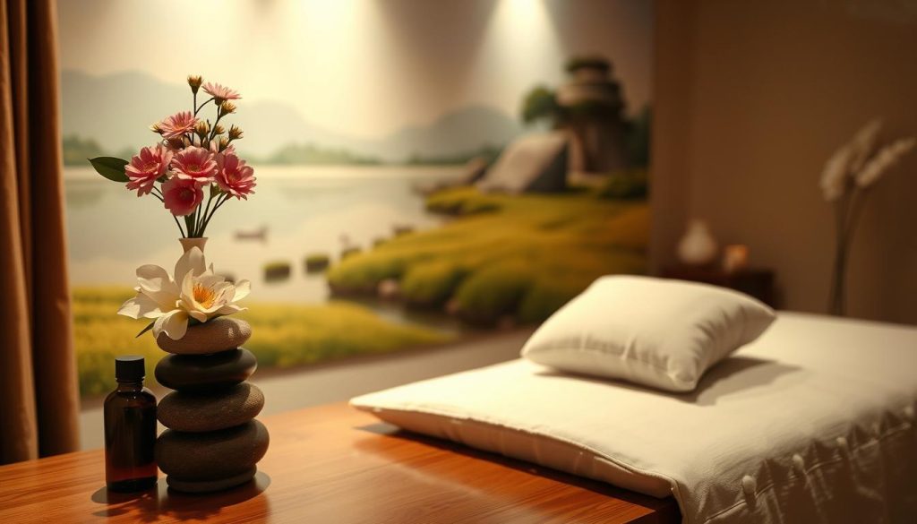 A tranquil spa-like setting with soft lighting and earthy tones, featuring an elegant table adorned with a vase of fresh flowers, a stack of therapeutic massage oils, and a plush massage cushion invitingly positioned. The background showcases a serene landscape painting or mural, conveying a sense of relaxation and well-being. The overall atmosphere is one of professionalism, attention to detail, and a commitment to customer satisfaction. A tranquil spa-like setting with soft lighting and earthy tones, featuring an elegant table adorned with a vase of fresh flowers, a stack of therapeutic massage oils, and a plush massage cushion invitingly positioned. The background showcases a serene landscape painting or mural, conveying a sense of relaxation and well-being. The overall atmosphere is one of professionalism, attention to detail, and a commitment to customer satisfaction.