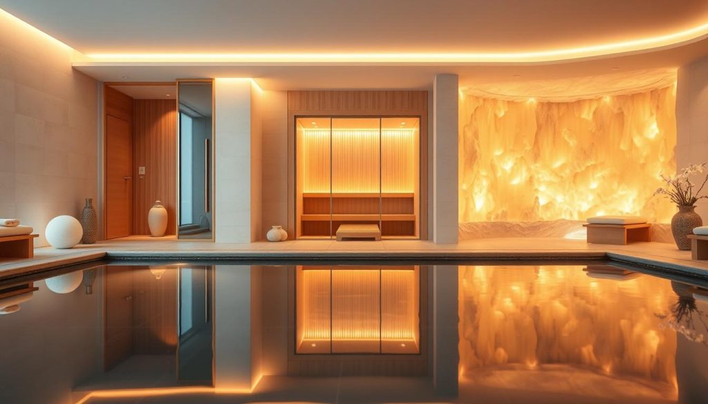 A tranquil spa sanctuary, bathed in warm, soft lighting. The foreground features a serene reflection pool, its surface unbroken, mirroring the surrounding decor. In the middle ground, an elegant, minimalist sauna with clean lines and a soothing, natural wood interior. The background showcases a serene salt room, the walls adorned with glistening salt formations that emit a calming glow. The overall atmosphere is one of relaxation, rejuvenation, and personal indulgence, inviting the viewer to unwind and experience the power of personalized care. A tranquil spa sanctuary, bathed in warm, soft lighting. The foreground features a serene reflection pool, its surface unbroken, mirroring the surrounding decor. In the middle ground, an elegant, minimalist sauna with clean lines and a soothing, natural wood interior. The background showcases a serene salt room, the walls adorned with glistening salt formations that emit a calming glow. The overall atmosphere is one of relaxation, rejuvenation, and personal indulgence, inviting the viewer to unwind and experience the power of personalized care.