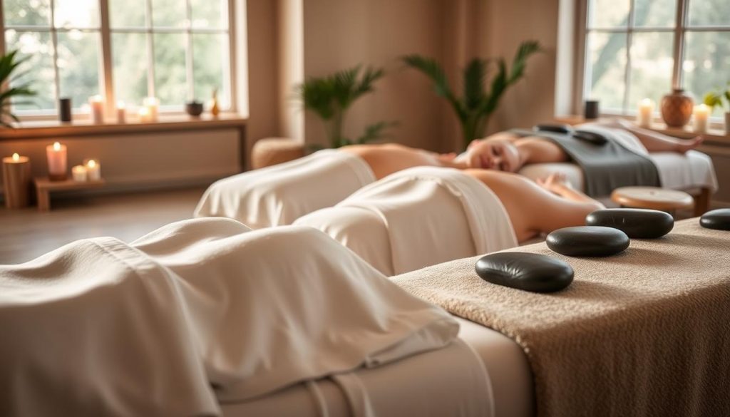 A tranquil spa scene with various massage techniques prominently displayed. A serene indoor setting with natural lighting filtering through large windows, revealing a selection of massage tables, aromatherapy candles, and essential oil diffusers. In the foreground, a relaxing Swedish massage with long, gliding strokes. In the middle ground, a deep tissue massage targeting muscle knots. In the background, a soothing hot stone massage with carefully placed basalt stones. The overall atmosphere is one of calm, rejuvenation, and a holistic approach to wellness. A tranquil spa scene with various massage techniques prominently displayed. A serene indoor setting with natural lighting filtering through large windows, revealing a selection of massage tables, aromatherapy candles, and essential oil diffusers. In the foreground, a relaxing Swedish massage with long, gliding strokes. In the middle ground, a deep tissue massage targeting muscle knots. In the background, a soothing hot stone massage with carefully placed basalt stones. The overall atmosphere is one of calm, rejuvenation, and a holistic approach to wellness.