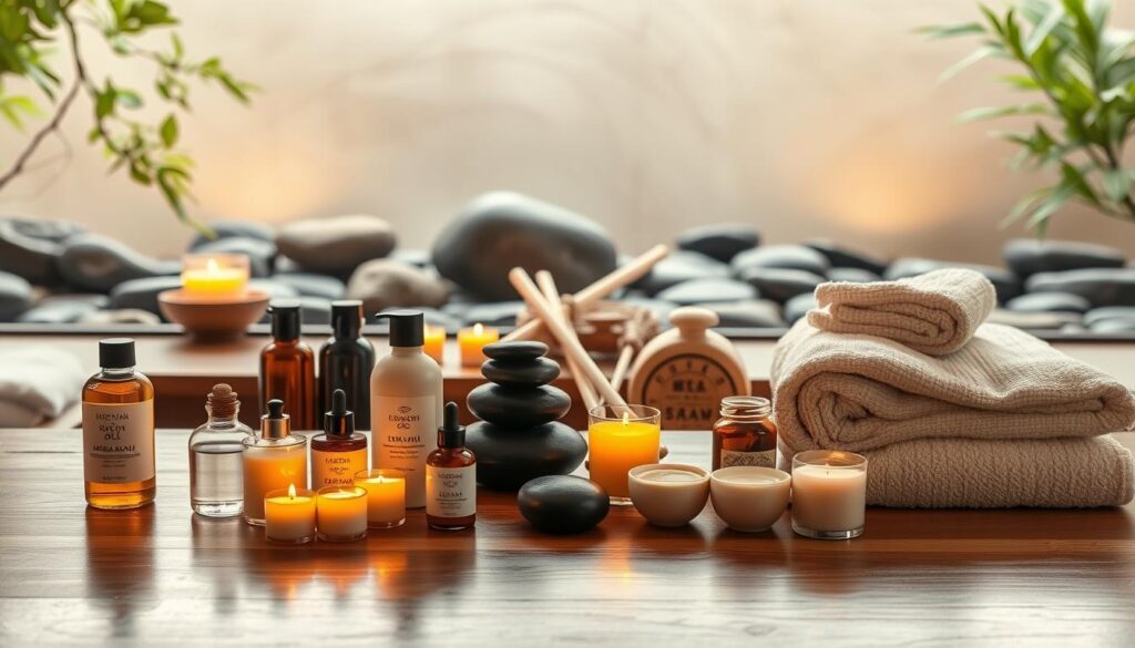A tranquil spa setting, bathed in warm, diffused lighting. In the foreground, an array of massage oils, creams, and aromatherapy candles, artfully arranged on a polished wooden surface. The middle ground features a selection of massage implements, including bamboo sticks, hot stones, and plush towels, all meticulously organized. In the background, a serene, minimalist landscape with natural textures, such as smooth river rocks and verdant foliage, creates a calming atmosphere. The overall mood is one of relaxation, wellness, and the harmonious blending of ancient massage techniques.