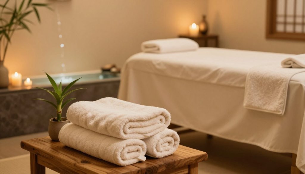 A tranquil spa setting designed for relaxation and rejuvenation. In the foreground, a set of soft, fluffy towels neatly arranged on a wooden bench, accompanied by a small bamboo plant for a touch of nature. The middle ground showcases a massage table draped in smooth, cream-colored linens, with aromatic candles flickering gently beside it. The background features serene ambient lighting that casts a warm, welcoming glow across the room, highlighting a soothing water feature along the wall, complete with soft trickling sounds. The atmosphere is calm and peaceful, evoking a sense of serenity and wellness, with textures like bamboo, stone, and plush fabrics creating a harmonious environment ideal for pre-massage preparation. A tranquil spa setting designed for relaxation and rejuvenation. In the foreground, a set of soft, fluffy towels neatly arranged on a wooden bench, accompanied by a small bamboo plant for a touch of nature. The middle ground showcases a massage table draped in smooth, cream-colored linens, with aromatic candles flickering gently beside it. The background features serene ambient lighting that casts a warm, welcoming glow across the room, highlighting a soothing water feature along the wall, complete with soft trickling sounds. The atmosphere is calm and peaceful, evoking a sense of serenity and wellness, with textures like bamboo, stone, and plush fabrics creating a harmonious environment ideal for pre-massage preparation.