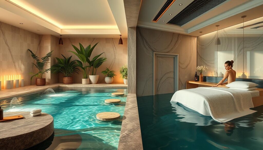 A tranquil spa setting featuring serene water features, soft lighting, and lush greenery, contrasted with a dynamic massage parlor showcasing a masseuse's skilled touch against a chic, modern interior. The image should highlight the distinct ambiances and experiences of these two pampering service types available in Istanbul, inviting the viewer to explore the nuances between the relaxing, holistic nature of spas and the targeted, therapeutic focus of massage therapy. Capture the scene with a wide-angle lens, emphasizing the spatial relationships and architectural details that define these spaces. Convey a sense of calming respite in the spa and invigorating restoration in the massage parlor through the use of soft, muted tones and cool, natural lighting. A tranquil spa setting featuring serene water features, soft lighting, and lush greenery, contrasted with a dynamic massage parlor showcasing a masseuse's skilled touch against a chic, modern interior. The image should highlight the distinct ambiances and experiences of these two pampering service types available in Istanbul, inviting the viewer to explore the nuances between the relaxing, holistic nature of spas and the targeted, therapeutic focus of massage therapy. Capture the scene with a wide-angle lens, emphasizing the spatial relationships and architectural details that define these spaces. Convey a sense of calming respite in the spa and invigorating restoration in the massage parlor through the use of soft, muted tones and cool, natural lighting.