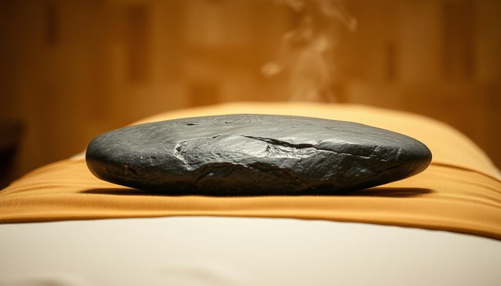 A tranquil spa setting with a smooth, polished volcanic stone placed atop a warm, earthy-toned massage table. Soft, diffused lighting casts a gentle glow, creating a calming atmosphere. The stone's rugged, natural texture contrasts with the plush, linen-covered surface, inviting relaxation. Subtle steam rises, hinting at the soothing, therapeutic warmth. The scene evokes a sense of grounding, as if connecting the body to the primal elements of the earth. Complementary aromatherapy oils and soothing musical undertones heighten the experience of deep, restorative relaxation. A tranquil spa setting with a smooth, polished volcanic stone placed atop a warm, earthy-toned massage table. Soft, diffused lighting casts a gentle glow, creating a calming atmosphere. The stone's rugged, natural texture contrasts with the plush, linen-covered surface, inviting relaxation. Subtle steam rises, hinting at the soothing, therapeutic warmth. The scene evokes a sense of grounding, as if connecting the body to the primal elements of the earth. Complementary aromatherapy oils and soothing musical undertones heighten the experience of deep, restorative relaxation.
