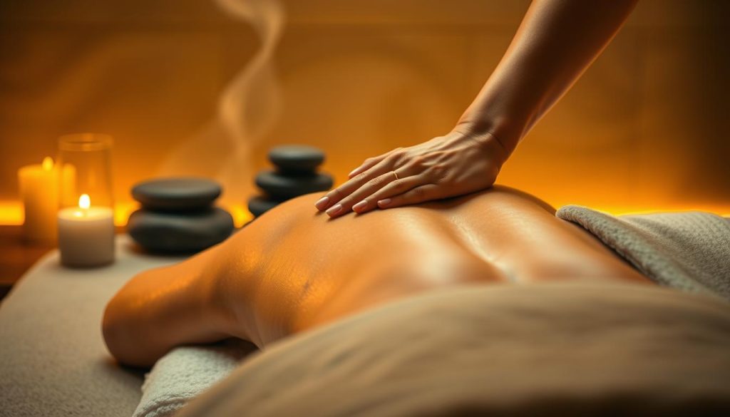 A tranquil spa setting with a soothing deep tissue massage in progress. The masseuse's skilled hands knead and manipulate the client's back, releasing tension and stress. Warm, diffused lighting casts a relaxing glow, complemented by the fragrance of essential oils wafting through the air. In the background, smooth river stones are arranged artfully, their thermal properties radiating a comforting heat. The scene evokes a sense of deep relaxation and renewed balance, a sanctuary from the bustling city outside. A tranquil spa setting with a soothing deep tissue massage in progress. The masseuse's skilled hands knead and manipulate the client's back, releasing tension and stress. Warm, diffused lighting casts a relaxing glow, complemented by the fragrance of essential oils wafting through the air. In the background, smooth river stones are arranged artfully, their thermal properties radiating a comforting heat. The scene evokes a sense of deep relaxation and renewed balance, a sanctuary from the bustling city outside.