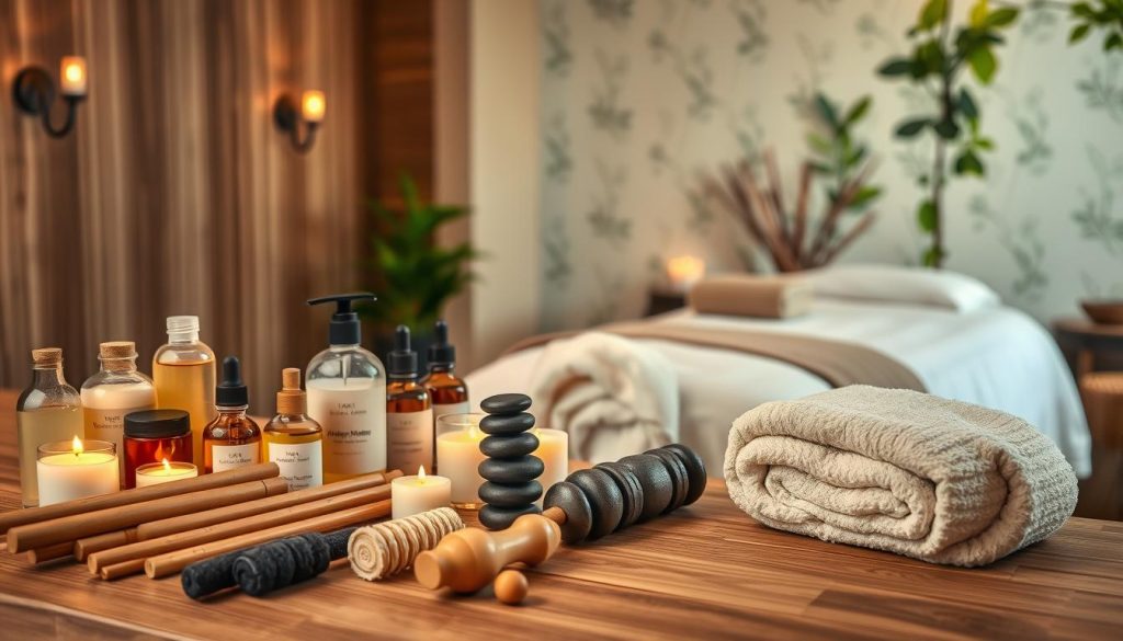 A tranquil spa setting with an array of massage oils, lotions, and aromatherapy candles arranged on a wooden table. Soft, diffused lighting from sconces on the walls creates a warm, calming ambiance. In the foreground, a variety of massage tools and implements, such as bamboo sticks, stone massage rollers, and kneading tools, are displayed invitingly. The middle ground features plush, oversized towels and a cozy, inviting massage table, hinting at the indulgent experience to come. The background showcases a serene, nature-inspired backdrop, perhaps with subtle wallpaper patterns or lush, leafy plants, further enhancing the restorative atmosphere. A tranquil spa setting with an array of massage oils, lotions, and aromatherapy candles arranged on a wooden table. Soft, diffused lighting from sconces on the walls creates a warm, calming ambiance. In the foreground, a variety of massage tools and implements, such as bamboo sticks, stone massage rollers, and kneading tools, are displayed invitingly. The middle ground features plush, oversized towels and a cozy, inviting massage table, hinting at the indulgent experience to come. The background showcases a serene, nature-inspired backdrop, perhaps with subtle wallpaper patterns or lush, leafy plants, further enhancing the restorative atmosphere.