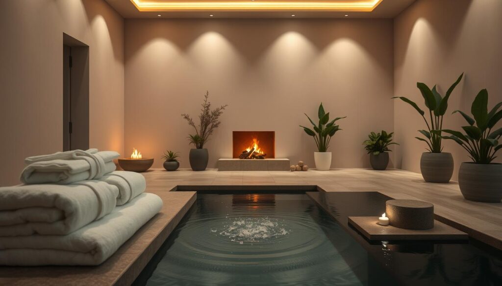 A tranquil spa setting with soft lighting and calming ambiance. Plush white towels and robes neatly folded, complemented by the gentle warmth of a crackling fireplace. Serene water features, such as a bubbling fountain or a minimalist reflecting pool, create a soothing soundscape. Lush potted plants and natural wood accents evoke a sense of natural harmony. Muted, earthy tones throughout, conveying a relaxing and rejuvenating atmosphere for a premium massage experience. A tranquil spa setting with soft lighting and calming ambiance. Plush white towels and robes neatly folded, complemented by the gentle warmth of a crackling fireplace. Serene water features, such as a bubbling fountain or a minimalist reflecting pool, create a soothing soundscape. Lush potted plants and natural wood accents evoke a sense of natural harmony. Muted, earthy tones throughout, conveying a relaxing and rejuvenating atmosphere for a premium massage experience.
