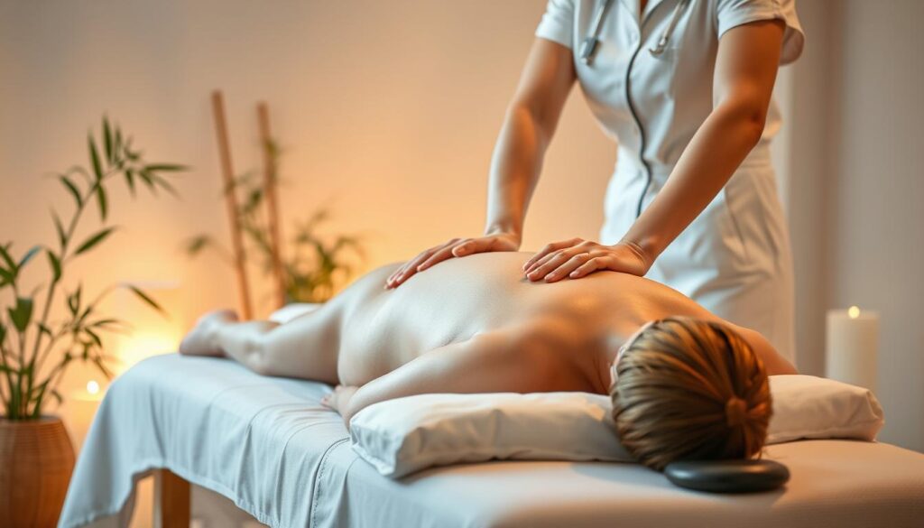 A tranquil spa setting with soft lighting and relaxing ambiance. A professional massage therapist, dressed in a clean, white uniform, gently massages the back of a client resting on a padded table. The therapist's hands work in smooth, flowing motions, utilizing classic massage techniques like Swedish, deep tissue, and trigger point therapy. Serene plants and natural elements like river stones or bamboo accents the soothing atmosphere. The overall scene conveys a sense of rejuvenation, wellness, and expert care. A tranquil spa setting with soft lighting and relaxing ambiance. A professional massage therapist, dressed in a clean, white uniform, gently massages the back of a client resting on a padded table. The therapist's hands work in smooth, flowing motions, utilizing classic massage techniques like Swedish, deep tissue, and trigger point therapy. Serene plants and natural elements like river stones or bamboo accents the soothing atmosphere. The overall scene conveys a sense of rejuvenation, wellness, and expert care.