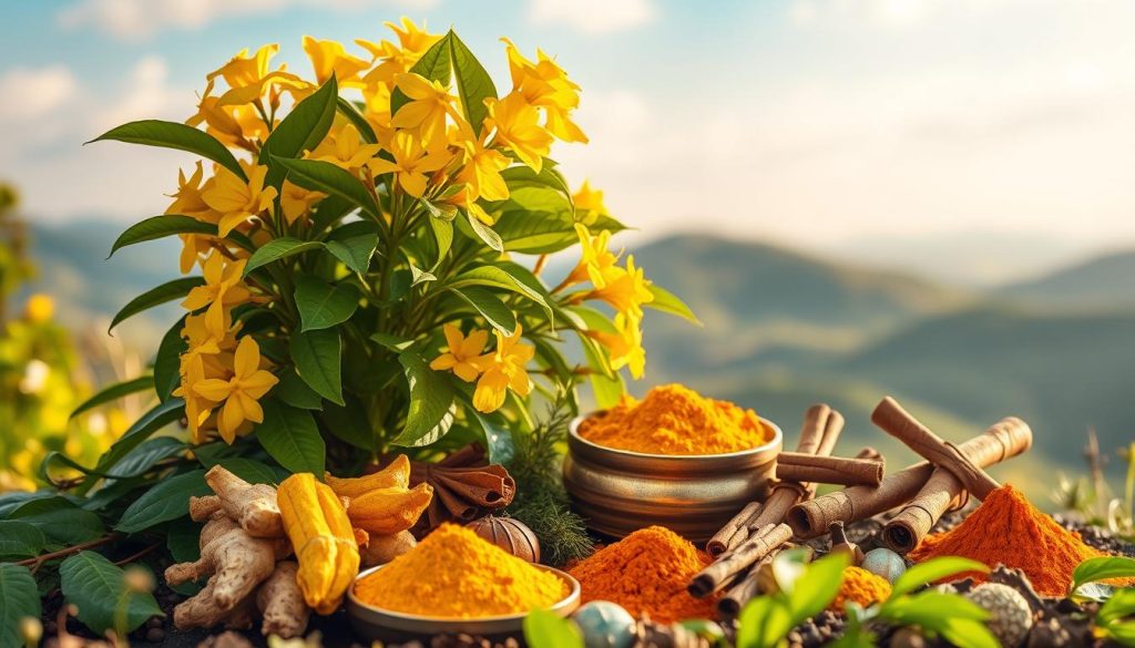 A vibrant and lush botanical scene showcasing the health benefits of zencefilin, a type of ginger. In the foreground, clusters of the plant's broad, green leaves and bright yellow flowers are bathed in warm, soft lighting, creating a sense of natural tranquility. In the middle ground, various medicinal herbs and spices, such as turmeric and cinnamon, are arranged harmoniously, hinting at the plant's potent healing properties. The background features a blurred, natural landscape, with rolling hills and a serene sky, evoking a peaceful, restorative atmosphere. The overall composition is balanced and visually striking, capturing the essence of natural remedies and their potential to alleviate discomfort. A vibrant and lush botanical scene showcasing the health benefits of zencefilin, a type of ginger. In the foreground, clusters of the plant's broad, green leaves and bright yellow flowers are bathed in warm, soft lighting, creating a sense of natural tranquility. In the middle ground, various medicinal herbs and spices, such as turmeric and cinnamon, are arranged harmoniously, hinting at the plant's potent healing properties. The background features a blurred, natural landscape, with rolling hills and a serene sky, evoking a peaceful, restorative atmosphere. The overall composition is balanced and visually striking, capturing the essence of natural remedies and their potential to alleviate discomfort.