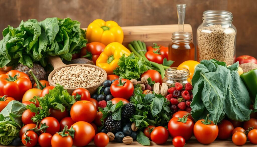 A vibrant and nourishing still life scene showcasing an assortment of fresh, colorful produce. In the foreground, an abundance of crisp vegetables and juicy fruits, such as leafy greens, bell peppers, tomatoes, and berries, are artfully arranged. The middle ground features a wooden cutting board with various whole grains, nuts, and a glass jar of honey, conveying the wholesome elements of a balanced diet. The background is softly lit, with warm, natural tones highlighting the earthy, organic quality of the scene. The overall composition radiates a sense of vitality and wellness, reflecting the principles of healthy eating. A vibrant and nourishing still life scene showcasing an assortment of fresh, colorful produce. In the foreground, an abundance of crisp vegetables and juicy fruits, such as leafy greens, bell peppers, tomatoes, and berries, are artfully arranged. The middle ground features a wooden cutting board with various whole grains, nuts, and a glass jar of honey, conveying the wholesome elements of a balanced diet. The background is softly lit, with warm, natural tones highlighting the earthy, organic quality of the scene. The overall composition radiates a sense of vitality and wellness, reflecting the principles of healthy eating.