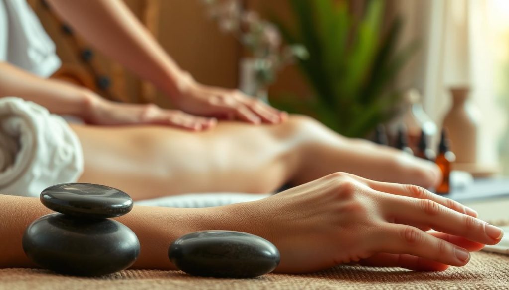 A vibrant composition showcasing an array of massage techniques. In the foreground, a soothing hot stone massage, with smooth, polished stones gently gliding across toned skin. In the middle ground, a deep tissue massage, strong hands kneading into tense muscles. The background features a tranquil aromatherapy session, essential oils diffusing into the air, creating a calming ambiance. Soft, natural lighting illuminates the scene, casting a warm, serene glow. The overall atmosphere is one of relaxation and rejuvenation, inviting the viewer to experience the restorative power of these diverse massage modalities. A vibrant composition showcasing an array of massage techniques. In the foreground, a soothing hot stone massage, with smooth, polished stones gently gliding across toned skin. In the middle ground, a deep tissue massage, strong hands kneading into tense muscles. The background features a tranquil aromatherapy session, essential oils diffusing into the air, creating a calming ambiance. Soft, natural lighting illuminates the scene, casting a warm, serene glow. The overall atmosphere is one of relaxation and rejuvenation, inviting the viewer to experience the restorative power of these diverse massage modalities.