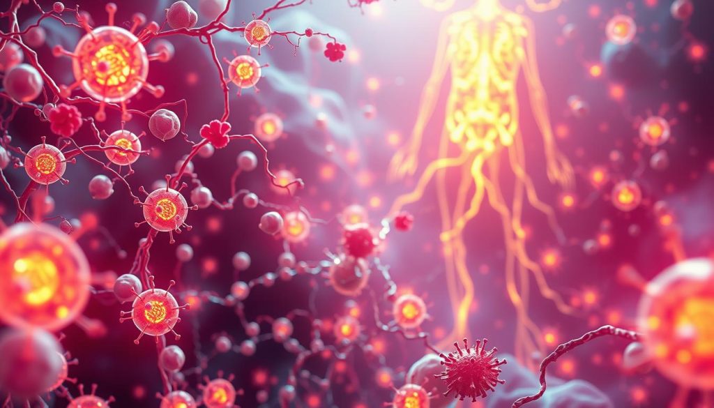A vibrant, detailed scene showcasing the inner workings of the human immune system. In the foreground, glowing white blood cells and lymphocytes dance and swirl, their intricate structures and functions on full display. In the middle ground, a complex network of capillaries and vessels pulse with a vibrant, energetic rhythm, transporting essential nutrients and signaling molecules. In the background, a hazy, ethereal landscape of glowing organs and tissues, representing the various components of the body's natural defense mechanisms. The lighting is soft and diffused, creating a sense of harmony and balance. The overall composition conveys a sense of the power, resilience, and interconnectedness of the immune system, inspiring a renewed appreciation for the body's innate ability to protect and heal. A vibrant, detailed scene showcasing the inner workings of the human immune system. In the foreground, glowing white blood cells and lymphocytes dance and swirl, their intricate structures and functions on full display. In the middle ground, a complex network of capillaries and vessels pulse with a vibrant, energetic rhythm, transporting essential nutrients and signaling molecules. In the background, a hazy, ethereal landscape of glowing organs and tissues, representing the various components of the body's natural defense mechanisms. The lighting is soft and diffused, creating a sense of harmony and balance. The overall composition conveys a sense of the power, resilience, and interconnectedness of the immune system, inspiring a renewed appreciation for the body's innate ability to protect and heal.