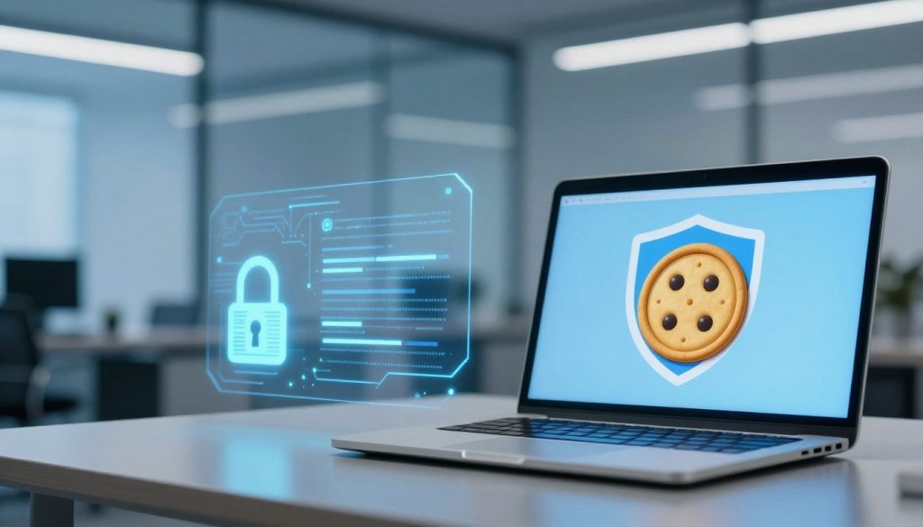 A visually engaging scene illustrating digital security and cookie policies. In the foreground, a sleek laptop displays a shield icon and a cookie symbol, representing data protection. The middle layer includes abstract representations of encrypted data streams and holographic security locks, emanating a sense of safety. In the background, a modern office setting with soft blue lighting creates a calm and professional atmosphere. Subtle circuit patterns are faintly visible on a glass wall, enhancing the tech-savvy vibe. The composition should showcase a balance between innovation and security, with clear, sharp details and a clean layout. Aim for a slightly angled perspective to add depth, emphasizing the importance of digital safety in contemporary experiences. A visually engaging scene illustrating digital security and cookie policies. In the foreground, a sleek laptop displays a shield icon and a cookie symbol, representing data protection. The middle layer includes abstract representations of encrypted data streams and holographic security locks, emanating a sense of safety. In the background, a modern office setting with soft blue lighting creates a calm and professional atmosphere. Subtle circuit patterns are faintly visible on a glass wall, enhancing the tech-savvy vibe. The composition should showcase a balance between innovation and security, with clear, sharp details and a clean layout. Aim for a slightly angled perspective to add depth, emphasizing the importance of digital safety in contemporary experiences.
