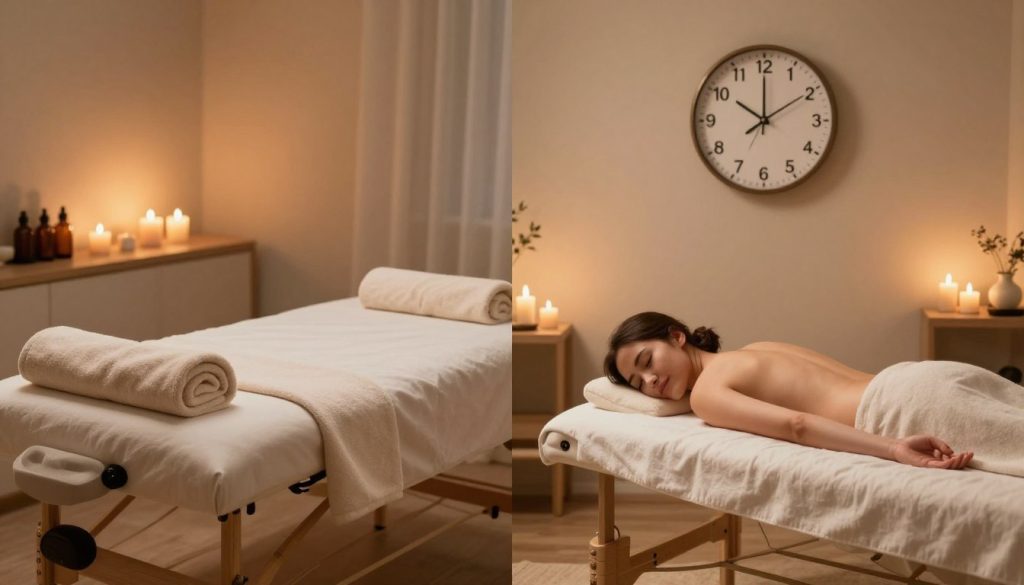 A visually striking and informative comparison illustration showing two separate massage therapy scenarios: on the left side, a serene spa environment featuring a comfortable massage table adorned with soft towels, candles flickering softly, and soothing essential oils displayed. On the right side, an inviting massage room that showcases a similar setup but with a robust clock indicating the duration of the massage session (30 minutes versus 60 minutes). Soft, warm lighting bathes both spaces, casting a calm and relaxing atmosphere. The focus is on the physical elements of relaxation and rejuvenation, highlighting the contrast between short and extended massage experiences, without any human presence. The image should evoke tranquility and clarity. A visually striking and informative comparison illustration showing two separate massage therapy scenarios: on the left side, a serene spa environment featuring a comfortable massage table adorned with soft towels, candles flickering softly, and soothing essential oils displayed. On the right side, an inviting massage room that showcases a similar setup but with a robust clock indicating the duration of the massage session (30 minutes versus 60 minutes). Soft, warm lighting bathes both spaces, casting a calm and relaxing atmosphere. The focus is on the physical elements of relaxation and rejuvenation, highlighting the contrast between short and extended massage experiences, without any human presence. The image should evoke tranquility and clarity.