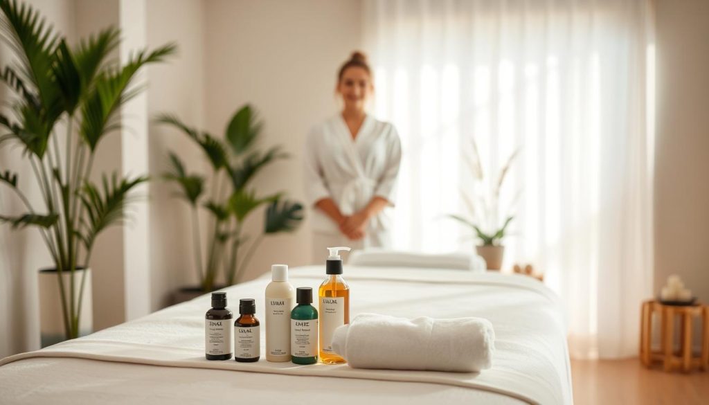 A well-lit, airy room with a massage table in the foreground. On the table, an array of massage oils and lotions are neatly arranged, conveying a sense of professionalism and care. In the middle ground, a massage therapist, dressed in clean, white linens, stands poised, ready to provide a personalized, therapeutic experience. The background features calming, natural elements like potted plants and soft, diffused lighting, creating a serene and tranquil atmosphere. The overall scene suggests a spa-like setting where clients can feel comfortable and confident in the expertise of the massage therapist. A well-lit, airy room with a massage table in the foreground. On the table, an array of massage oils and lotions are neatly arranged, conveying a sense of professionalism and care. In the middle ground, a massage therapist, dressed in clean, white linens, stands poised, ready to provide a personalized, therapeutic experience. The background features calming, natural elements like potted plants and soft, diffused lighting, creating a serene and tranquil atmosphere. The overall scene suggests a spa-like setting where clients can feel comfortable and confident in the expertise of the massage therapist.
