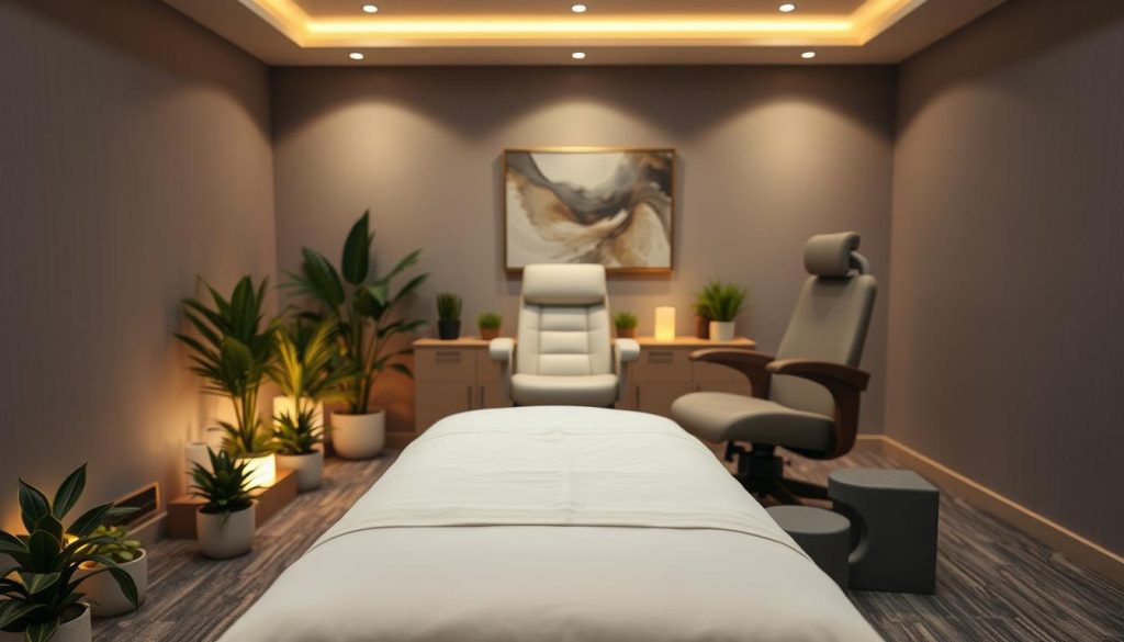 A well-lit corporate massage session in a modern, minimalist office setting. The foreground features a massage table with crisp white linens, surrounded by soothing potted plants and calming ambient lighting. The middle ground showcases the sleek, ergonomic massage chair with a plush cushioned seat and back. The background depicts a muted, sophisticated color palette of gray and beige walls, with subtle abstract wall art and discreet storage units. The overall atmosphere conveys a tranquil, rejuvenating experience tailored for busy professionals seeking stress relief in a professional, high-end corporate environment. A well-lit corporate massage session in a modern, minimalist office setting. The foreground features a massage table with crisp white linens, surrounded by soothing potted plants and calming ambient lighting. The middle ground showcases the sleek, ergonomic massage chair with a plush cushioned seat and back. The background depicts a muted, sophisticated color palette of gray and beige walls, with subtle abstract wall art and discreet storage units. The overall atmosphere conveys a tranquil, rejuvenating experience tailored for busy professionals seeking stress relief in a professional, high-end corporate environment.