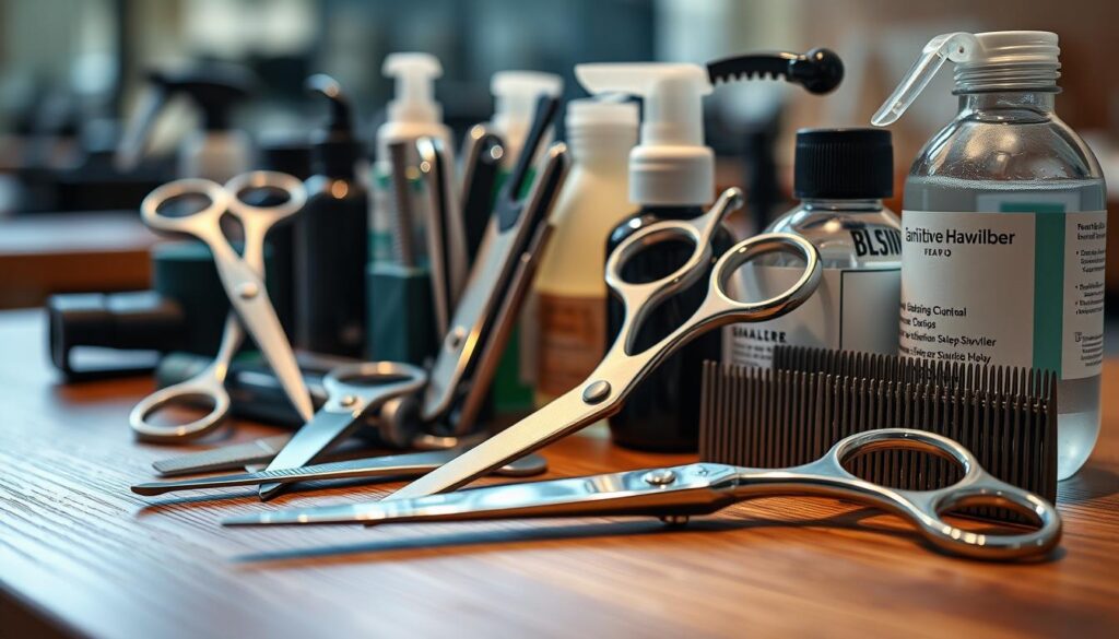 A well-lit, high-quality close-up shot of a set of professional barber tools and hygiene products, including scissors, razors, combs, and sanitizing solutions, neatly arranged on a wooden surface. The tools have a gleaming, well-maintained appearance, conveying a sense of precision and attention to detail. The background is slightly blurred, creating a shallow depth of field that emphasizes the foreground elements. The lighting is soft and even, accentuating the textures and materials of the tools. The overall atmosphere is one of cleanliness, professionalism, and attention to detail, reflecting the high standards of a reputable barber shop. A well-lit, high-quality close-up shot of a set of professional barber tools and hygiene products, including scissors, razors, combs, and sanitizing solutions, neatly arranged on a wooden surface. The tools have a gleaming, well-maintained appearance, conveying a sense of precision and attention to detail. The background is slightly blurred, creating a shallow depth of field that emphasizes the foreground elements. The lighting is soft and even, accentuating the textures and materials of the tools. The overall atmosphere is one of cleanliness, professionalism, and attention to detail, reflecting the high standards of a reputable barber shop.