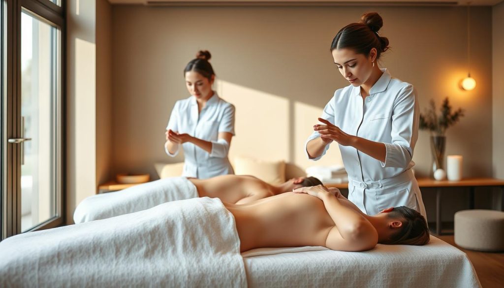 A well-lit, high-resolution image of three expertly trained massage therapists demonstrating their craft in a serene, modern spa setting. The masseuses are dressed in crisp white uniforms, their movements graceful and precise as they manipulate the muscles of their clients with skilled hands. Soft, natural lighting from large windows bathes the scene in a warm, calming glow. The background features plush, minimalist decor in soothing earth tones, creating an atmosphere of tranquility and rejuvenation. The overall impression is one of professionalism, expertise, and a deep commitment to the wellbeing of each individual. A well-lit, high-resolution image of three expertly trained massage therapists demonstrating their craft in a serene, modern spa setting. The masseuses are dressed in crisp white uniforms, their movements graceful and precise as they manipulate the muscles of their clients with skilled hands. Soft, natural lighting from large windows bathes the scene in a warm, calming glow. The background features plush, minimalist decor in soothing earth tones, creating an atmosphere of tranquility and rejuvenation. The overall impression is one of professionalism, expertise, and a deep commitment to the wellbeing of each individual.