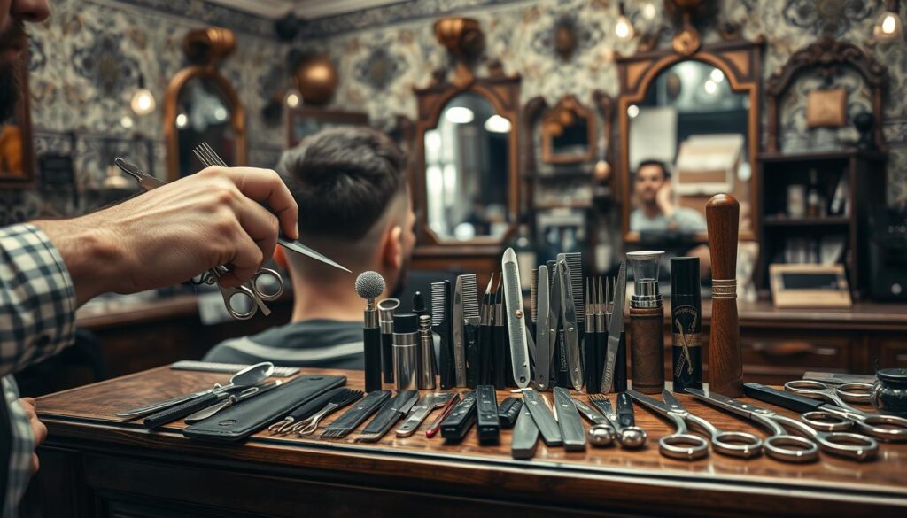 A well-lit, high-resolution image showcasing various hair cutting techniques commonly used in traditional Turkish barbershops. The foreground features the skilled hands of a barber precisely wielding sharp scissors and clippers to meticulously trim and shape a client's hair. The middle ground displays a diverse selection of specialized haircutting tools, such as straight razors, combs, and thinning shears, neatly arranged on a classic wooden barber's counter. The background captures the timeless ambiance of an authentic Istanbul barbershop, with ornate tilework, hanging mirrors, and antique fixtures evoking a sense of old-world craftsmanship and attention to detail. The overall scene conveys the expertise, artistry, and time-honored traditions inherent in the practice of Turkish barbering. A well-lit, high-resolution image showcasing various hair cutting techniques commonly used in traditional Turkish barbershops. The foreground features the skilled hands of a barber precisely wielding sharp scissors and clippers to meticulously trim and shape a client's hair. The middle ground displays a diverse selection of specialized haircutting tools, such as straight razors, combs, and thinning shears, neatly arranged on a classic wooden barber's counter. The background captures the timeless ambiance of an authentic Istanbul barbershop, with ornate tilework, hanging mirrors, and antique fixtures evoking a sense of old-world craftsmanship and attention to detail. The overall scene conveys the expertise, artistry, and time-honored traditions inherent in the practice of Turkish barbering.