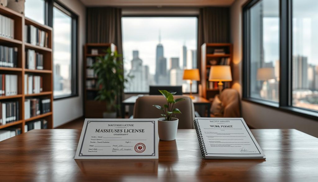 A well-lit, high-resolution photograph of a generic office interior. In the foreground, a wooden desk with a professional-looking masseuse's license and a security work permit document neatly arranged. A potted plant and a warm desk lamp provide a sense of tranquility. The middle ground shows bookshelves lining the walls, hinting at a professional, authoritative atmosphere. The background depicts a large window overlooking an urban cityscape, with soft natural light filtering in. The overall mood is one of diligence, legality, and a sense of retreat from the bustling city outside. A well-lit, high-resolution photograph of a generic office interior. In the foreground, a wooden desk with a professional-looking masseuse's license and a security work permit document neatly arranged. A potted plant and a warm desk lamp provide a sense of tranquility. The middle ground shows bookshelves lining the walls, hinting at a professional, authoritative atmosphere. The background depicts a large window overlooking an urban cityscape, with soft natural light filtering in. The overall mood is one of diligence, legality, and a sense of retreat from the bustling city outside.