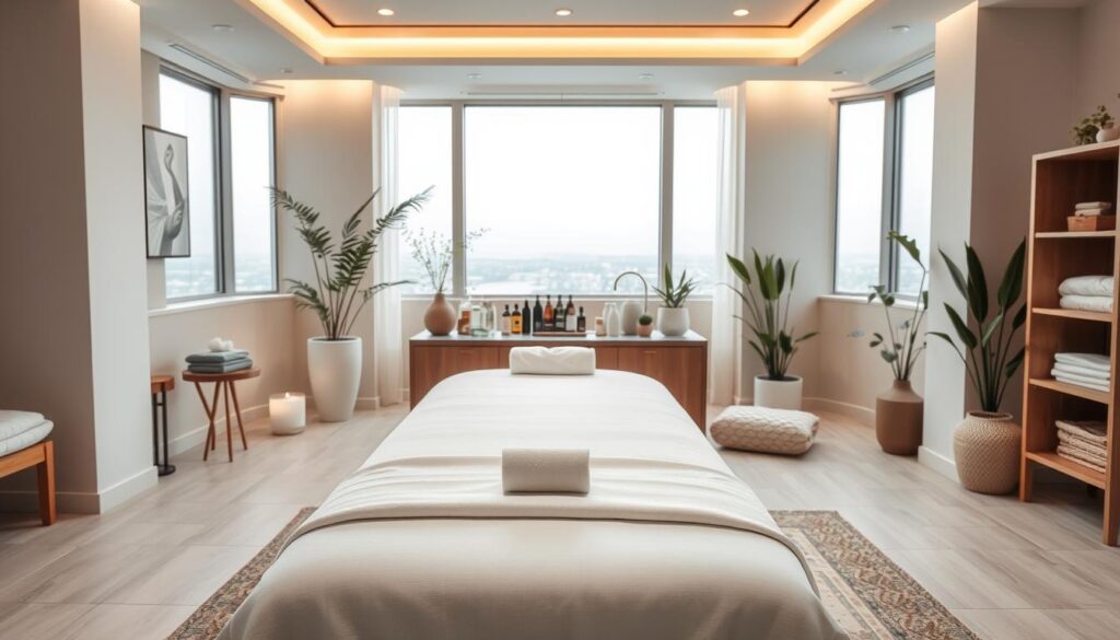 A well-lit, professional massage therapy studio with soothing neutral tones and clean, modern furnishings. In the foreground, an elegant massage table is neatly made up with crisp white linens. Soft, diffused lighting creates a tranquil ambiance, while carefully chosen plants and decorative elements add a touch of natural warmth. The middle ground features a selection of high-quality massage oils, lotions, and tools, arranged with care and attention to detail. In the background, a serene landscape or city skyline can be glimpsed through large windows, further enhancing the sense of relaxation and well-being. A well-lit, professional massage therapy studio with soothing neutral tones and clean, modern furnishings. In the foreground, an elegant massage table is neatly made up with crisp white linens. Soft, diffused lighting creates a tranquil ambiance, while carefully chosen plants and decorative elements add a touch of natural warmth. The middle ground features a selection of high-quality massage oils, lotions, and tools, arranged with care and attention to detail. In the background, a serene landscape or city skyline can be glimpsed through large windows, further enhancing the sense of relaxation and well-being.