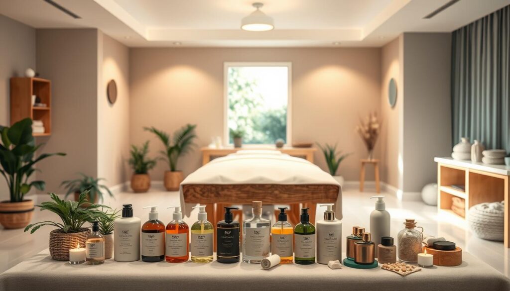 A well-lit, spacious massage therapy studio with soft, muted tones. A wooden massage table in the center, surrounded by plants and soothing decor elements. Gentle lighting casts a warm, inviting glow, creating a tranquil atmosphere. The foreground features an array of massage oils, lotions, and tools meticulously arranged, conveying a sense of professionalism and attention to detail. The background showcases a serene, nature-inspired scene, perhaps with a hint of a window or doorway leading to an outdoor space. The overall composition exudes a calming, restorative energy, inviting the viewer to envision the experience of selecting a skilled, experienced massage therapist. A well-lit, spacious massage therapy studio with soft, muted tones. A wooden massage table in the center, surrounded by plants and soothing decor elements. Gentle lighting casts a warm, inviting glow, creating a tranquil atmosphere. The foreground features an array of massage oils, lotions, and tools meticulously arranged, conveying a sense of professionalism and attention to detail. The background showcases a serene, nature-inspired scene, perhaps with a hint of a window or doorway leading to an outdoor space. The overall composition exudes a calming, restorative energy, inviting the viewer to envision the experience of selecting a skilled, experienced massage therapist.