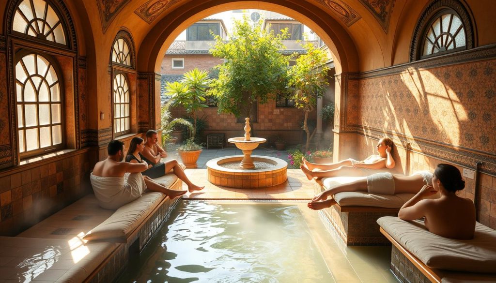 An authentic Turkish bath and spa experience, with a warm, inviting ambiance and a cozy, rustic atmosphere. Sunlight filters through ornate, arched windows, casting a gentle glow on the intricately tiled walls and floors. The steam-filled air carries the soothing scents of essential oils, as patrons recline on plush, cushioned benches, indulging in a rejuvenating massage or exfoliating scrub. In the background, a tranquil courtyard garden offers a serene escape, its lush greenery and trickling fountain creating a calming oasis amidst the bustling city. This budget-friendly yet luxurious experience immerses visitors in the timeless traditions of Turkish bathing culture, offering a truly immersive and relaxing retreat. An authentic Turkish bath and spa experience, with a warm, inviting ambiance and a cozy, rustic atmosphere. Sunlight filters through ornate, arched windows, casting a gentle glow on the intricately tiled walls and floors. The steam-filled air carries the soothing scents of essential oils, as patrons recline on plush, cushioned benches, indulging in a rejuvenating massage or exfoliating scrub. In the background, a tranquil courtyard garden offers a serene escape, its lush greenery and trickling fountain creating a calming oasis amidst the bustling city. This budget-friendly yet luxurious experience immerses visitors in the timeless traditions of Turkish bathing culture, offering a truly immersive and relaxing retreat.