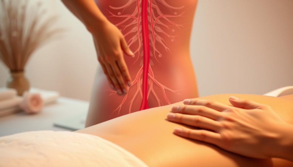 An elegant and serene scene depicting the process of lymphatic drainage massage. In the foreground, skilled hands gently manipulate the skin, guiding the lymph fluid's natural flow. The middle ground showcases the anatomy of the lymphatic system, with delicate vessels and nodes subtly visible. The background features a soothing, pastel-toned environment, evoking a sense of calm and tranquility. Soft, diffused lighting creates a warm, therapeutic atmosphere, highlighting the delicate, intricate movements of the massage. The overall composition conveys the restorative and rejuvenating nature of this specialized technique. An elegant and serene scene depicting the process of lymphatic drainage massage. In the foreground, skilled hands gently manipulate the skin, guiding the lymph fluid's natural flow. The middle ground showcases the anatomy of the lymphatic system, with delicate vessels and nodes subtly visible. The background features a soothing, pastel-toned environment, evoking a sense of calm and tranquility. Soft, diffused lighting creates a warm, therapeutic atmosphere, highlighting the delicate, intricate movements of the massage. The overall composition conveys the restorative and rejuvenating nature of this specialized technique.
