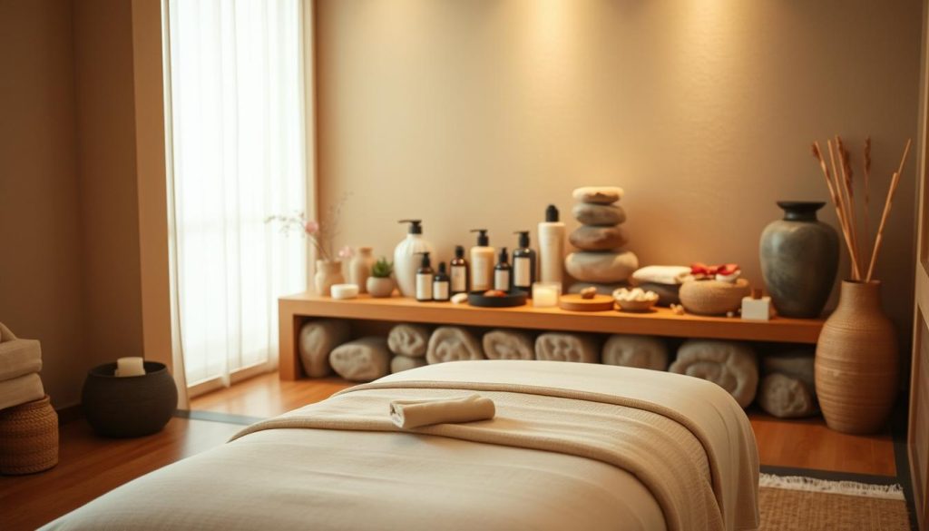 An elegant and serene spa setting, featuring a tranquil space with soft lighting and natural elements. In the foreground, a traditional East Asian massage table is positioned, adorned with delicate fabrics and accents. The middle ground showcases a collection of massage oils, lotions, and tools, arranged with care and precision. In the background, a harmonious blend of natural textures, such as bamboo, stone, and wood, creates a calming and rejuvenating atmosphere. The overall scene evokes a sense of mindfulness, relaxation, and the unique, time-honored massage techniques of the Far East. An elegant and serene spa setting, featuring a tranquil space with soft lighting and natural elements. In the foreground, a traditional East Asian massage table is positioned, adorned with delicate fabrics and accents. The middle ground showcases a collection of massage oils, lotions, and tools, arranged with care and precision. In the background, a harmonious blend of natural textures, such as bamboo, stone, and wood, creates a calming and rejuvenating atmosphere. The overall scene evokes a sense of mindfulness, relaxation, and the unique, time-honored massage techniques of the Far East.